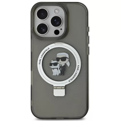 Karl Lagerfeld Ringstand Karl and Choupette iPhone 16 Pro MagSafe tok kitámasztóval, fekete