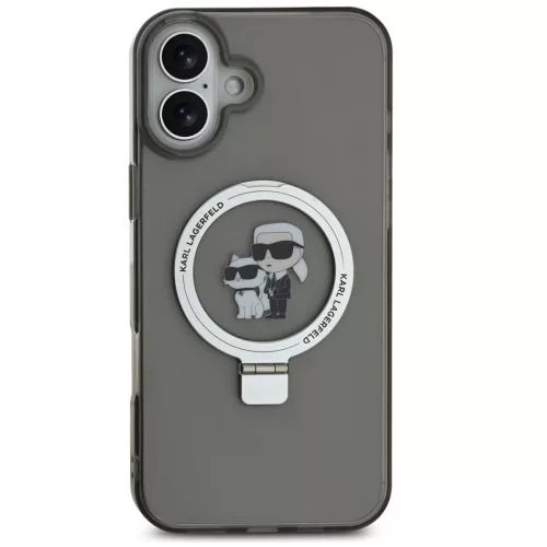 Karl Lagerfeld Ringstand Karl and Choupette iPhone 16 MagSafe tok kitámasztóval, fekete