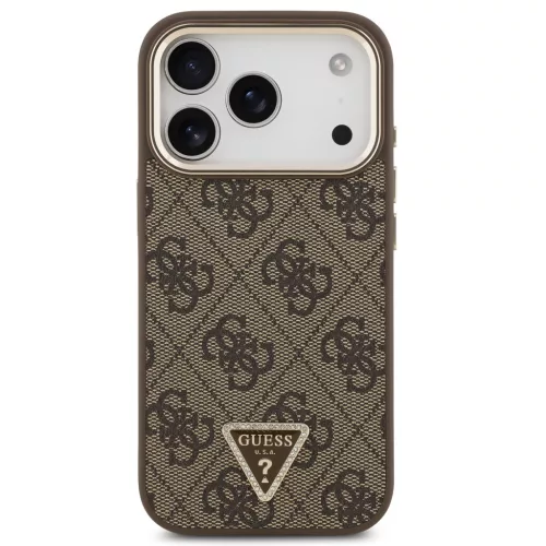 Guess PU Leather 4G Triangle Logo Gold Frame Apple iPhone 17 Pro Max MagSafe hátlap tok, barna