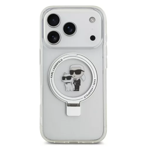 Karl Lagerfeld Ringstand Karl and Choupette iPhone 17 Pro MagSafe tok kitámasztóval, fehér