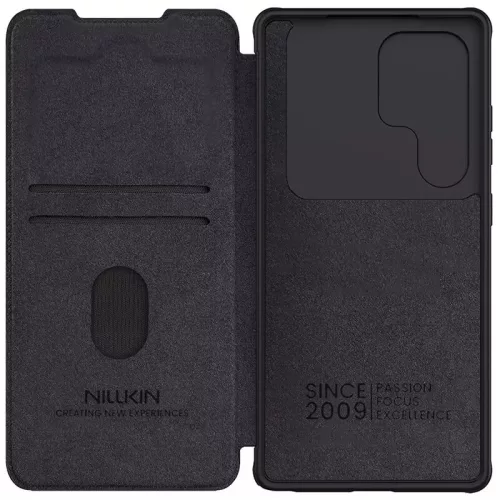 Nillkin Qin Pro Samsung Galaxy Z Fold 7 bőr flip tok S-Pen / kártyatartóval, csúsztatható kameravédővel, fekete