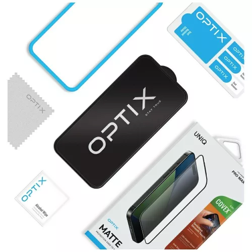 Uniq Optix Matte Apple iPhone Air (2025) tempered glass kijelzővédő üvegfólia felhelyező kerettel, fekete