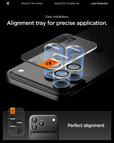 Spigen Glas.tR EZ Fit Optik Pro Apple iPhone 17 Pro / 17 Pro Max / 16 Pro / 16 Pro Max / 15 Pro / 15 Pro Max / 14 Pro / 14 Pro Max, Tempered kameralencse-védő fólia felhelyező kerettel, ezüst (2db)