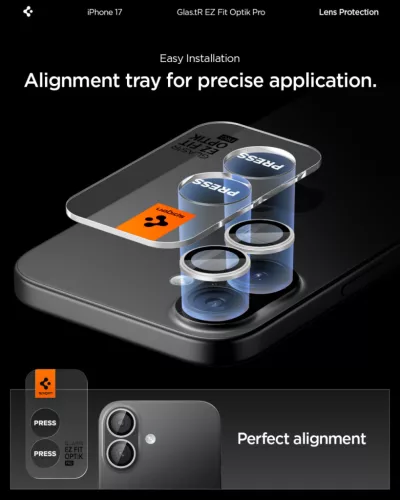 Spigen Glas.tR EZ Fit Optik Pro Apple iPhone 17 / 16 Plus / 16, Tempered kameralencse-védő fólia felhelyező kerettel, ezüst (2db)