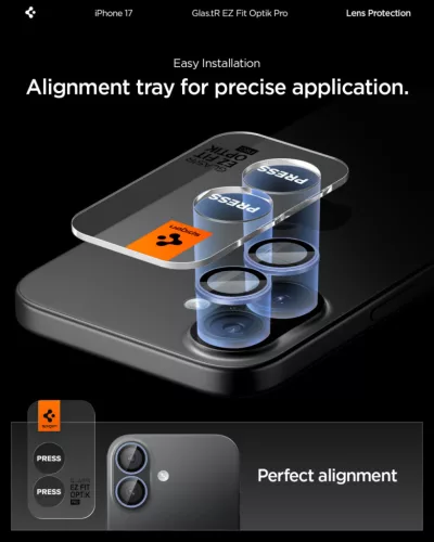 Spigen Glas.tR EZ Fit Optik Pro Apple iPhone 17 / 16 Plus / 16, Tempered kameralencse-védő fólia felhelyező kerettel, kék (2db)