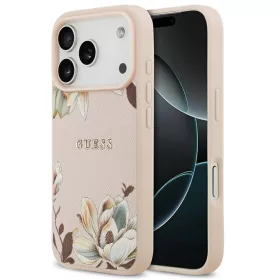   Guess Grained Flowers Classic Logo Apple iPhone 17 Pro MagSafe tok, virág minta, rózsaszín
