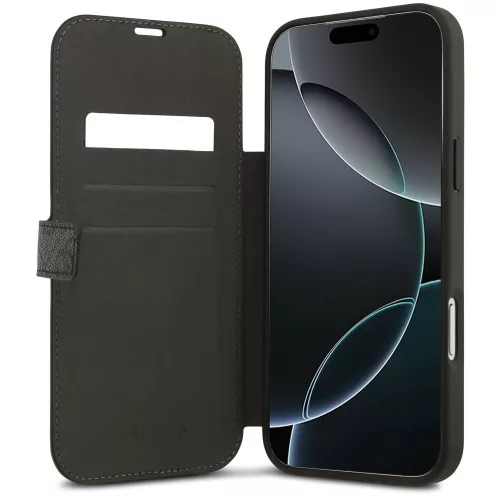 Guess Book 4G Metal Logo Apple iPhone 17 Pro Max oldalra nyíló tok kártyatartóval, fekete