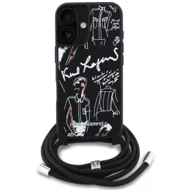   Karl Lagerfeld Crossbody Grained Pattern & Logo iPhone 16 műbőr hátlap tok vállpánttal, MagSafe, fekete