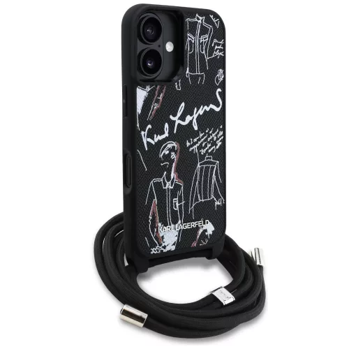 Karl Lagerfeld Crossbody Grained Pattern & Logo iPhone 16 műbőr hátlap tok vállpánttal, MagSafe, fekete