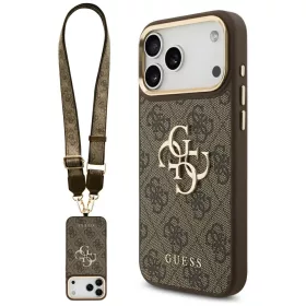  Guess 4G Big 4G Classic Logo Big Strap Metal Buttons Apple iPhone 17 Pro hátlap tok univerzális pánttal, barna-arany