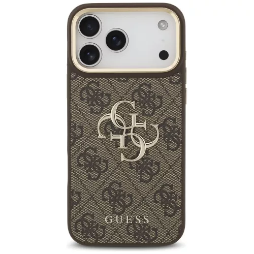 Guess 4G Big 4G Classic Logo Big Strap Metal Buttons Apple iPhone 17 Pro hátlap tok univerzális pánttal, barna-arany