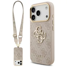   Guess 4G Big 4G Classic Logo Big Strap Metal Buttons Apple iPhone 17 Pro hátlap tok univerzális pánttal, rózsaszín-arany