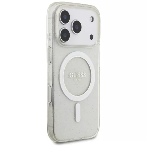 Guess IML Glitter Pearl Strap Apple iPhone 17 Pro csillámos hátlap tok karpánttal, MagSafe, átlátszó-arany