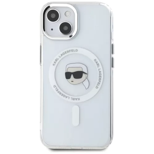 Karl Lagerfeld IML Metal Karl Head iPhone 15 hátlap tok kameravédelemmel, MagSafe, fehér