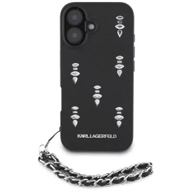   Karl Lagerfeld Saffiano Crystals iPhone 16 hátlap tok karlánccal, fekete