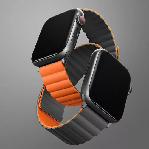 Uniq Revix Apple Watch 44/45/46/49mm mágneses szilikon szíj, állítható, narancs-szürke
