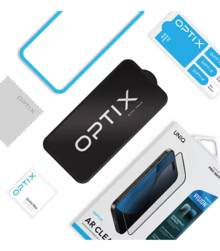 Uniq Optix Vision AR Apple iPhone 17 Pro Max tempered glass kijelzővédő üvegfólia felhelyező kerettel, kék fény szűrős, átlászó