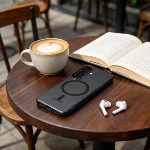 Tech-Protect MagSlim Samsung Galaxy S26 hátlap tok kitámasztóval, MagSafe, áttetsző-fekete