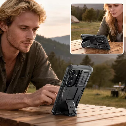 Tech-Protect Kevlar Cam+ Samsung Galaxy S26 tok kameravédelemmel, kitámasztóval, megerősített sarokkal, fekete