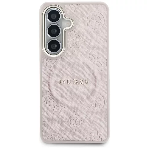 Guess Saffiano Peony Embossed Ring Samsung Galaxy S26 mágneses tok, MagSafe, rózsaszín