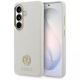  Guess Rhinestone Round Logo Samsung Galaxy S26 mágneses tok, MagSafe, bézs