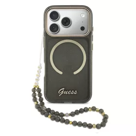   Guess IML Glitter Script Strap Apple iPhone 17 Pro Max csillámos hátlap tok karpánttal, MagSafe, fekete-arany