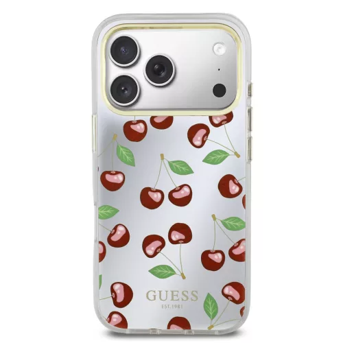 Guess PC/TPU Mirror Glitter Cherry Apple iPhone 17 Pro tok kameravédő peremmel, cseresznye minta