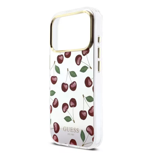 Guess PC/TPU Mirror Glitter Cherry Apple iPhone 17 Pro tok kameravédő peremmel, cseresznye minta