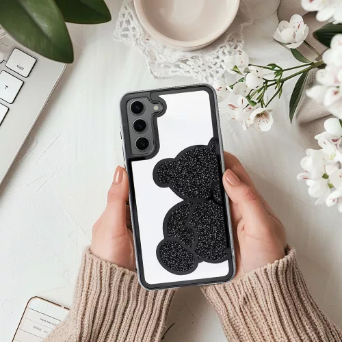 Teddy Bear Samsung Galaxy A37 csillogó köves tok, fekete