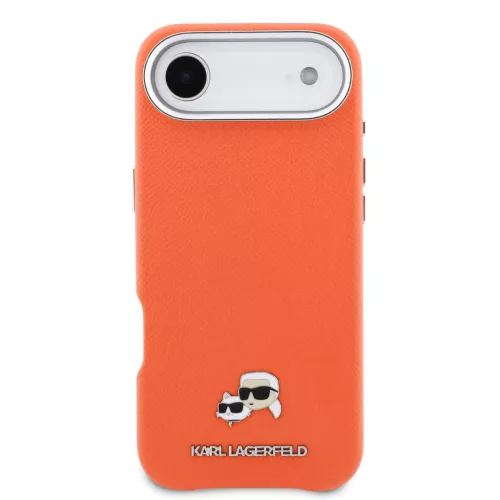 Karl Lagerfeld PU Karl and Choupette Heads Pins Apple iPhone Air (2025) mágneses tok, MagSafe, narancs-ezüst