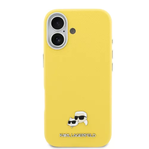 Karl Lagerfeld PU Karl and Choupette Heads Pins Apple iPhone 17 mágneses tok, MagSafe, sárga-ezüst