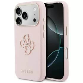   Guess PU Resin Logo Apple iPhone 17 Pro Max tok kameravédő peremmel, rózsaszín-arany