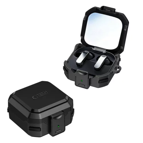 Tech-Protect Carbonox Samsung Galaxy Buds 4 / Buds 4 Pro ütésálló tok megerősített sarokkal, karabinerrel, fekete