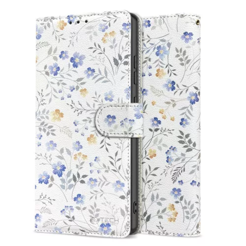 Tech-Protect Wallet Apple iPhone 17e / 16e flip / kinyitható tok, virág minta, fehér