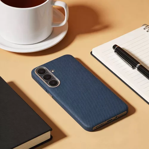 Kevlar Samsung Galaxy S26 Plus MagSafe tok kameravédő peremmel, kék-ezüst