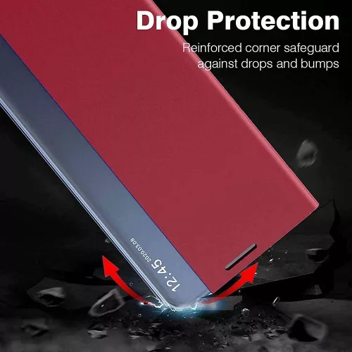 Apple iPhone 11 Pro Max, Oldalra nyíló tok, stand, hívás mutatóval, vékony csíkban, Wooze Look Inside, piros
