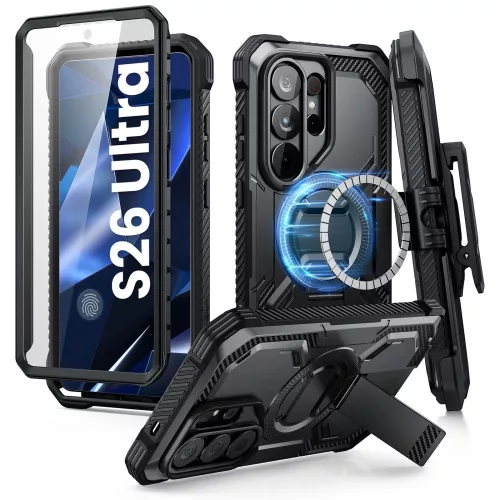 Supcase ArmorBox Samsung Galaxy S26 Ultra ütésálló tok, kijelző védelemmel, kitámasztóval, MagSafe, fekete