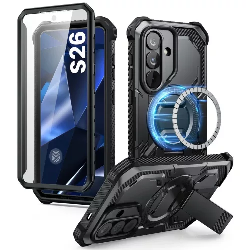 Supcase ArmorBox Samsung Galaxy S26 ütésálló tok, kijelző védelemmel, kitámasztóval, MagSafe, fekete