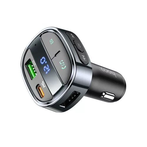 Hoco E70 bluetooth FM transmitter / autós töltő, USB-A-USB-C, digitális kijelző, PD, QC3.0, 5A, 30W, fekete