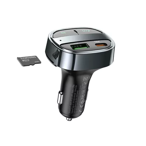 Hoco E70 bluetooth FM transmitter / autós töltő, USB-A-USB-C, digitális kijelző, PD, QC3.0, 5A, 30W, fekete