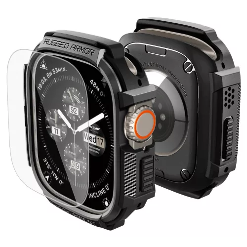 Spigen Rugged Armor Apple Watch Ultra 4 / 3 / 2 / 1 49mm tok, kijelzővédő felülettel, matt fekete