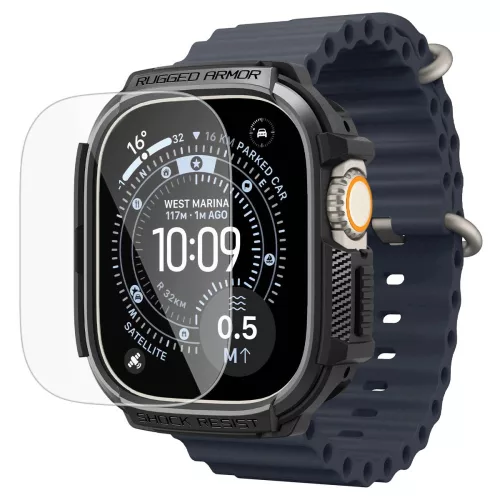 Spigen Rugged Armor Apple Watch Ultra 4 / 3 / 2 / 1 49mm tok, kijelzővédő felülettel, matt fekete