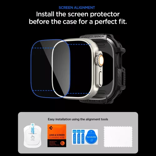 Spigen Rugged Armor Apple Watch Ultra 4 / 3 / 2 / 1 49mm tok, kijelzővédő felülettel, matt fekete