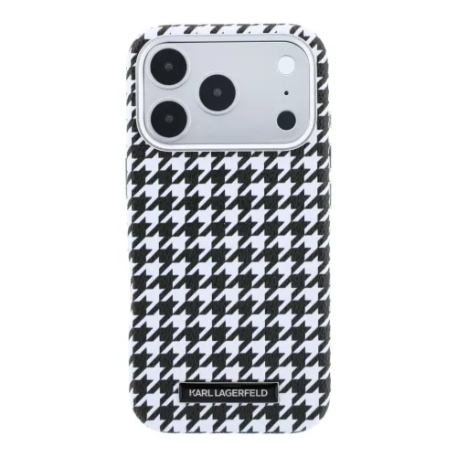 Karl Lagerfeld PU Houndstooth Resin Plate Apple iPhone 17 Pro mágneses tok, MagSafe, fekete-fehér