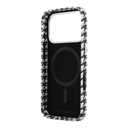 Karl Lagerfeld PU Houndstooth Resin Plate Apple iPhone 17 Pro mágneses tok, MagSafe, fekete-fehér