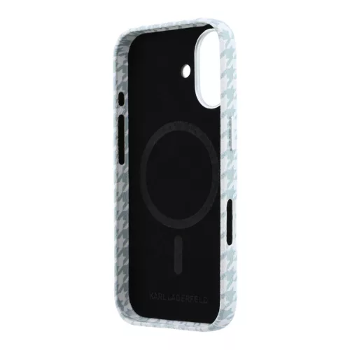 Karl Lagerfeld PU Houndstooth Resin Plate Apple iPhone 17 mágneses tok, MagSafe, kék-fehér