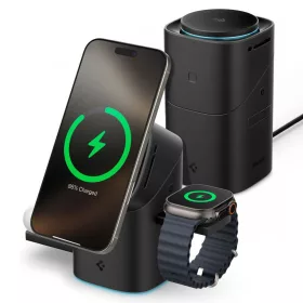   Spigen EF223MS vezeték nélküli wireless gyorstöltő, MagSafe, 3in1, Qi2, 15W, fekete (Apple Watch / Airpods / iPhone)