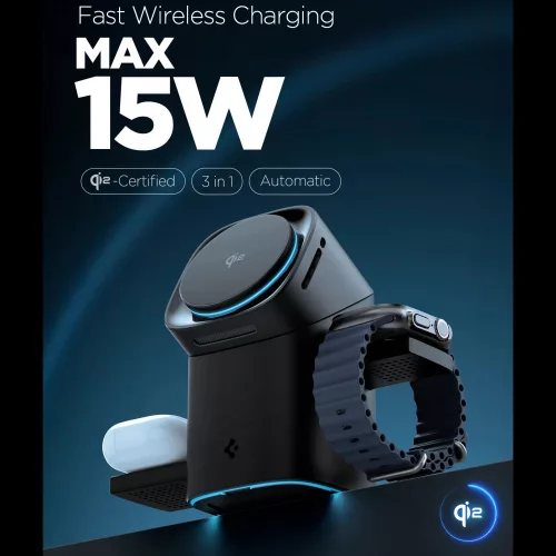 Spigen EF223MS vezeték nélküli wireless gyorstöltő, MagSafe, 3in1, Qi2, 15W, fekete (Apple Watch / Airpods / iPhone)