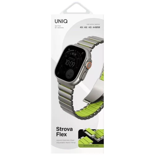 Uniq Strova Flex Apple Watch állítható szíj, 49/46/45/44MM, fém, ezüst-lime