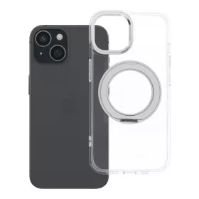   Apple iPhone 15 tok, gyűrűs kitámasztóval, kameravédő peremmel, MagSafe, átlátszó-fehér